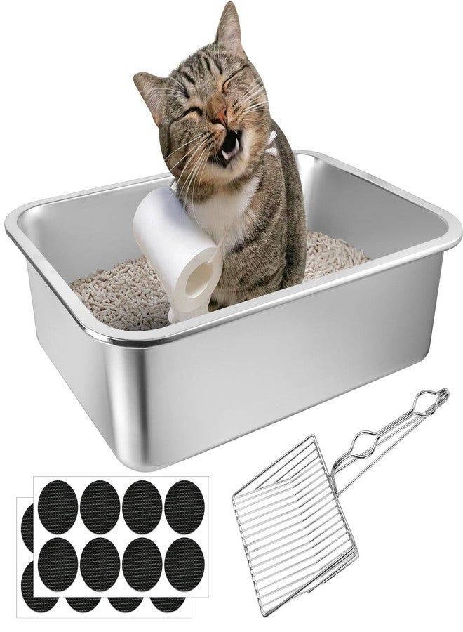 Lainballow Stainless Steel Cat Litter Box, 16 x 12 x 4 Large Litter Box, Non Stick Kitty Litter Pan with Metal Litter Scoop and Anti Slip Stickers for Kitten, Guinea Pig and Rabbit - Image 1
